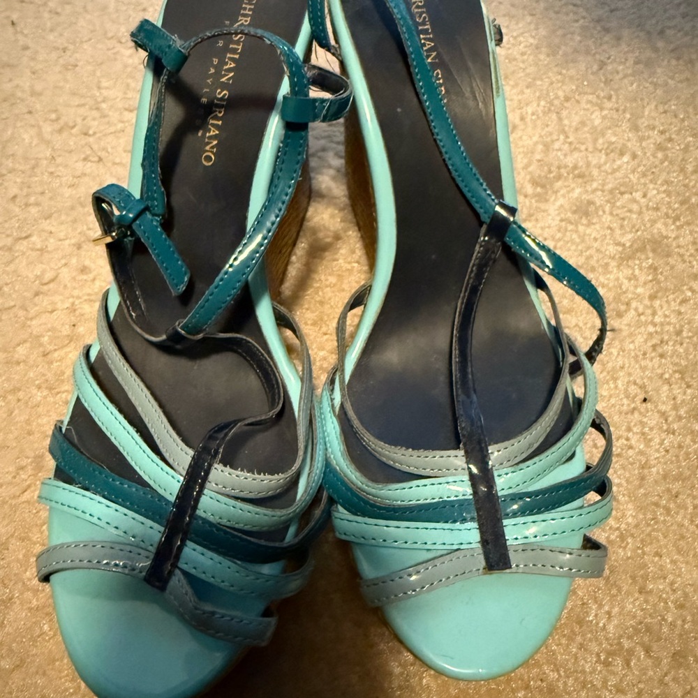 Christian Siriano Blue Wedge Sandals with Strappy Design